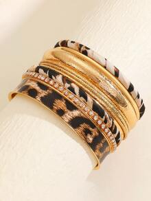 10pcs Vintage Fashion Zirconia Inlaid Leopard Print Bracelet Set, Elegant Bracelets, Suitable For Daily Wear - Yellow Gold - View 2