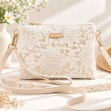 Women Floral Lace Crossbody Bag, Elegant Embroidered Small Shoulder Bag With Adjustable Strap, Summer Vacation Clutch Purse - White - View 1