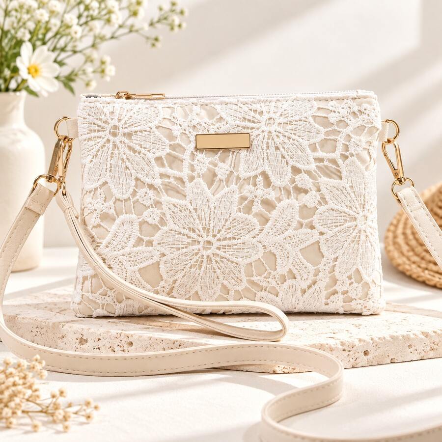 Women Floral Lace Crossbody Bag, Elegant Embroidered Small Shoulder Bag With Adjustable Strap, Summer Vacation Clutch Purse - White - View 1