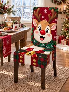 Multi-Piece Christmas Chair Cover Set, Cute Red-Nosed Reindeer Snowflake Plaid Gift Box Print Chair Back And Seat All-In-One Protective Cover, Suitable For Winter Kitchen, Dining Room, Home Gathering And Christmas Party Decoration - Multicolor - View 3