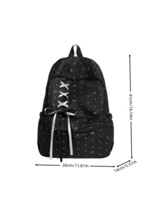 Dot Bow Print Backpack For Girls, Lace-Up Front Ribbon Decor Multi-Pocket Lightweight Casual Daypack School Rucksack Daily Use - Multicolor - View 2