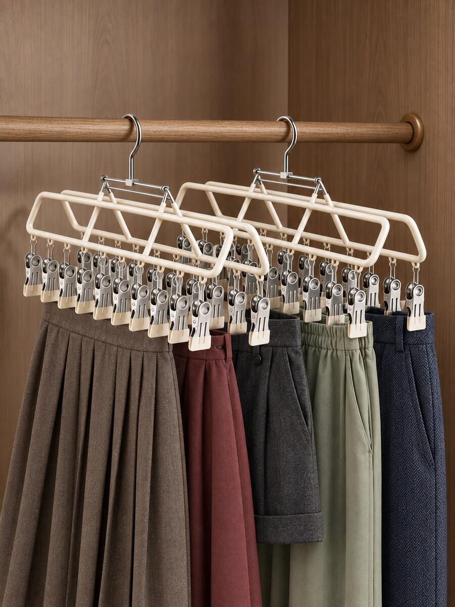 1Pc Multi-Functional Adjustable Hanger, Balcony Drying Rack With Underwear Clips, For Clothes, Pants, Skirts, Socks, Hats, Scarves & Belts, Multi-Purpose Organizer Hanger, Must-Have For Wardrobe & Closet Autumn-Winter Seasonal Storage - Multicolor - View 1