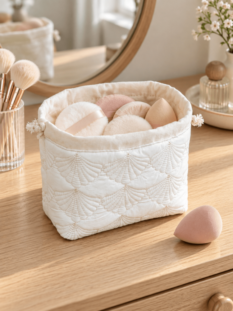 Quilted Drawstring Makeup Storage Bag, Shell Pattern Beauty Sponge And Powder Puff Organizer, Foldable Cosmetic Pouch For Hanging, Wall Mount, Vanity Table, Bedroom, Bathroom And Travel Use - Multicolor - View 7