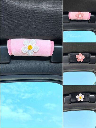 Cute Crochet Flower Decor Car Roof Grab Handle Cover, Soft Velvet Anti-Slip Comfort Grip Ceiling Assist Handle Protector Sleeve, Universal Fit Auto Interior Decor Accessories For Women Girls, Multiple Color Options