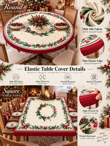 1pc Holly Cardinal Christmas Stretch Tablecloth, Cream Red Holiday Milk Silk Round & Square Fitted Table Cover With Berry Pinecone Wreath Border, Soft Elastic Protective Dining Table Decor For Xmas Dinner, Party & Winter Home - Multicolor - View 8