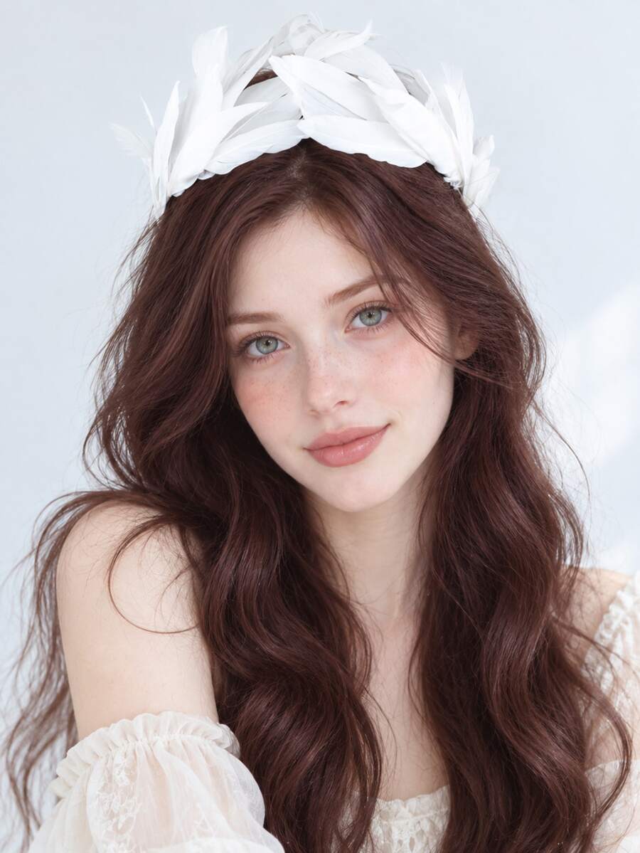 1pc White Feather Halo Crown Headband Fairy Angel Flower Ring Hair Accessory For Cosplay Party - White - View 1