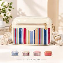 Women's Colorful Striped Crossbody Bag, Glossy Small Shoulder Purse With Adjustable Wide Strap, Zipper Pocket Casual Everyday Bag - Multicolor - View 1