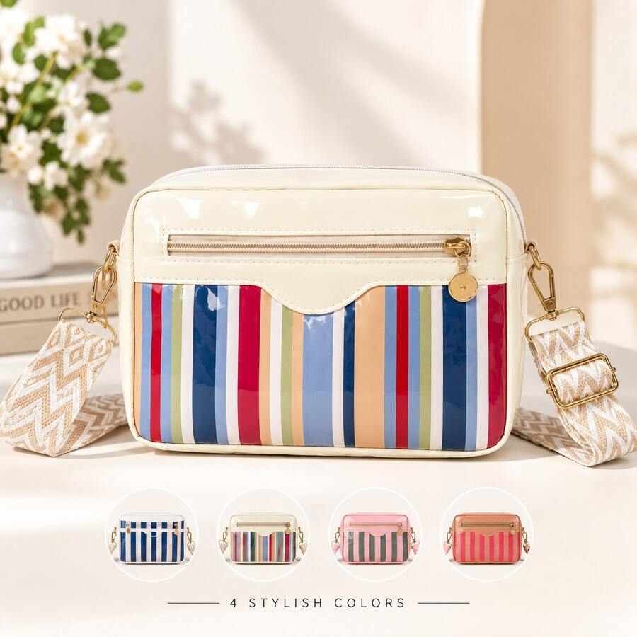 Women's Colorful Striped Crossbody Bag, Glossy Small Shoulder Purse With Adjustable Wide Strap, Zipper Pocket Casual Everyday Bag - Multicolor - View 1