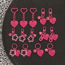 14 Pcs Y2K Rose Red Heart + Hollow Star Keychain, Earphone Accessory Decorative Pendant Letter Tag Bell Bag Charm, Cute Alloy Key Pendant, Suitable For Backpack, Car Keys, Girls Gift - Magenta Set - View 1