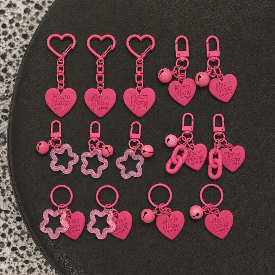 14 Pcs Y2K Rose Red Heart + Hollow Star Keychain, Earphone Accessory Decorative Pendant Letter Tag Bell Bag Charm, Cute Alloy Key Pendant, Suitable For Backpack, Car Keys, Girls Gift - Magenta Set - View 1