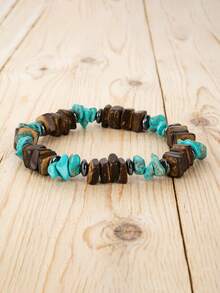 1Pc Rough Wood Chip Natural Stone Beaded Bracelet Vintage Elastic Stretch Wristband Men Bohemian Daily Wear Jewelry Gift - Irregular Beaded Bracelet - View 13