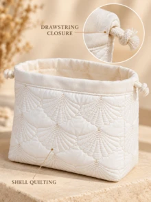 Quilted Drawstring Makeup Storage Bag, Shell Pattern Beauty Sponge And Powder Puff Organizer, Foldable Cosmetic Pouch For Hanging, Wall Mount, Vanity Table, Bedroom, Bathroom And Travel Use - Multicolor - View 9