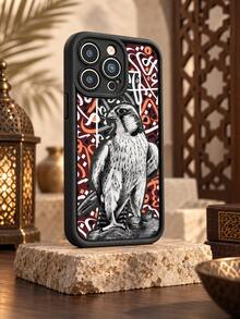1pc Arabic Calligraphy Falcon Phone Case, Black & White Hand-Drawn Eagle Pattern With Red-Brown Geometric Design, Black Frame Full Coverage Shockproof Soft Protective Cover Compatible With IPhone 18 17 16 15 14 13 12 11/Pro/ProMax/X/XR/XS/XSMAX/7/8/PLUS And /Honor - Black - View 5