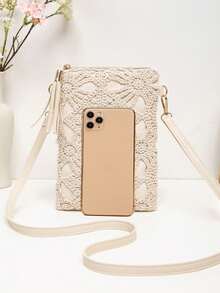 Women's Boho Crochet Floral Crossbody Phone Bag, Lightweight Slim PU Leather Shoulder Purse With Tassel, Zipper Closure And Adjustable Strap - Apricot - View 5