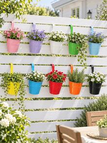 1/5/10pcs Colorful Hanging Iron Flower Pots, Railing Hook Planters, Iron Hanging Planting Pots, Suitable For Balcony Garden Yard Fence Hedge Decoration, Outdoor Home Gardening Landscape Decor, Garden Backdrop Photography Props - A - View 3