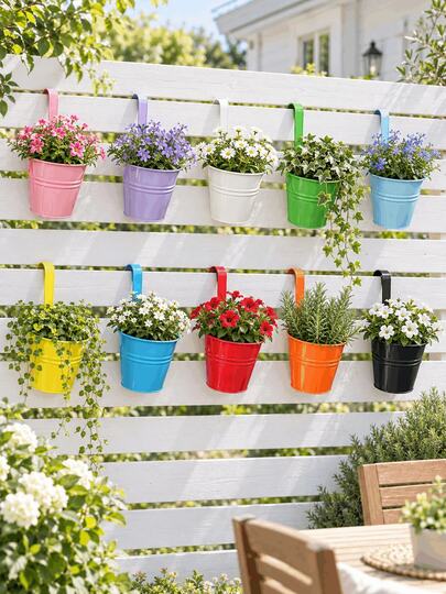 1/5/10pcs Colorful Hanging Iron Planters, Railing Hook Flower Pots, Iron Hanging Planting Pots Suitable For Balcony, Garden, Yard Fence, Outdoor Home Gardening Decoration, Outdoor Gardening Decoration, Gardening, Garden Decoration, Garden, Outdoor Decoration, Outdoor Garden Decoration