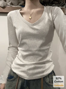 2pcs/Set Women's Solid Color Long Sleeve V-Neck Slim Fit Base Layer T-Shirt, Black + Heather Gray Versatile Casual Top - Heather Gray + Black - View 2