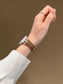 個性化人造皮革錶帶，相容 38/40/41/42/44/45/46/49mm 錶盤尺寸，適用於 Ultra/Se10/9/8/7/6/5/4/3/2/1 系列 - 棕金色皮革 - 查看 5