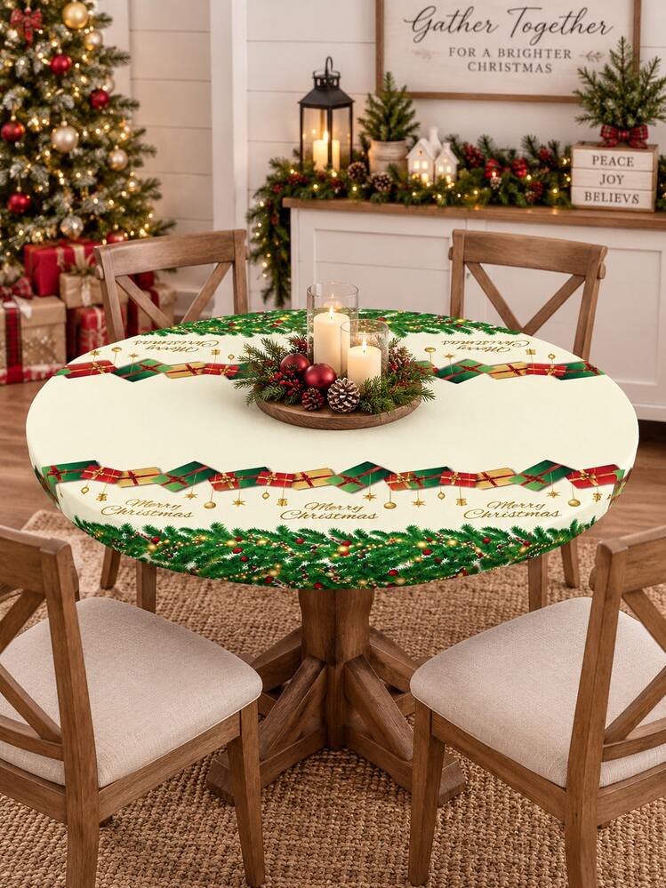 1pc Cream Gift Garland Christmas Stretch Tablecloth, Elegant Holiday Milk Silk Round & Square Fitted Table Cover With Present Border & Merry Christmas Print, Soft Elastic Dining Table Decor For Xmas Party, Dinner & Winter Home - Multicolor - View 7