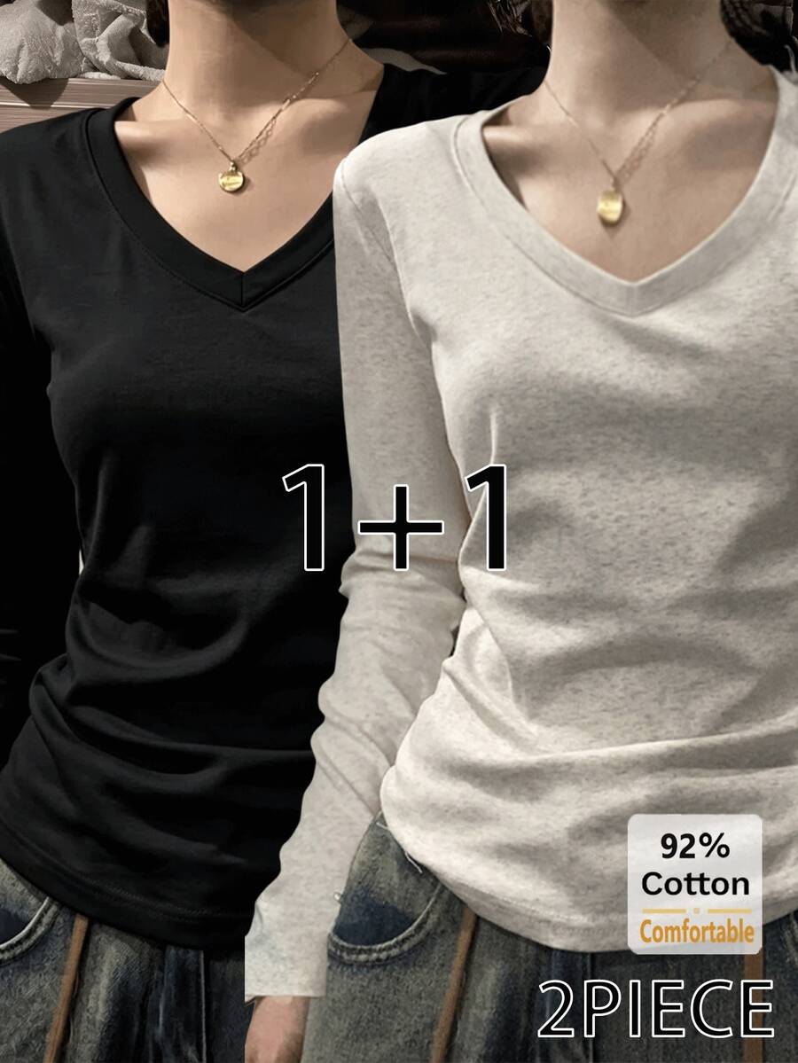 2pcs/Set Women's Solid Color Long Sleeve V-Neck Slim Fit Base Layer T-Shirt, Black + Heather Gray Versatile Casual Top - Heather Gray + Black - View 1