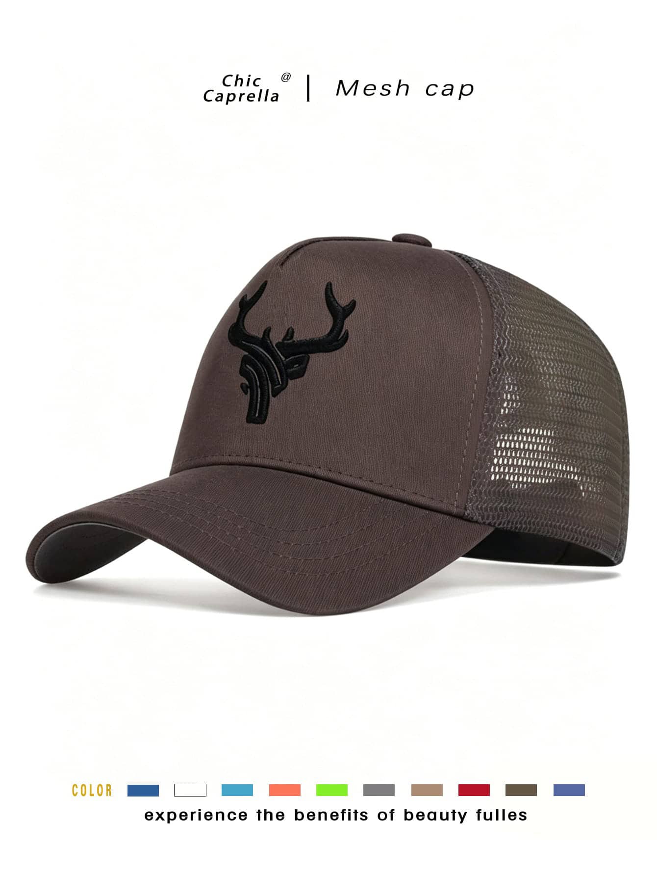 1pc Men's Deer Horn Embroidered Baseball Mesh Cap, Adjustable Sun Protection Casual Hat, Suitable For Spring, Summer, Autumn Travel, Beach, Party
