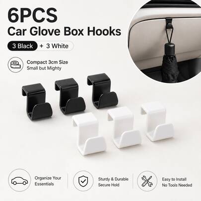 6pcs Car Glove Box Hooks, Hidden Clip-On Car Interior Storage Rack, Suitable For Bags, Hats, Umbrellas And Takeout Items, Space-Saving Universal Car Organizer Accessories, Includes 3 Black + 3 White