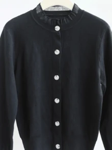 Women's Short Knit Cardigan, Ruffle Trim, Front Button Closure, Long Sleeve Regular Length, Suitable For Autumn/Winter - Black - View 4