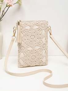 Women's Boho Crochet Floral Crossbody Phone Bag, Lightweight Slim PU Leather Shoulder Purse With Tassel, Zipper Closure And Adjustable Strap - Apricot - View 2