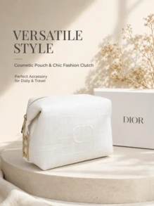 Túi đựng mỹ phẩm vuông Dior màu kem họa tiết kẻ caro vải lanh dập nổi CD, túi đựng đồ vệ sinh cá nhân du lịch, túi đựng trang điểm cầm tay, túi xách thời trang, quà tặng hoàn hảo - Túi vải cotton linen kẻ caro màu trắng - Xem 5