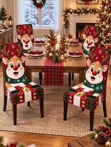 Multi-Piece Christmas Chair Cover Set, Cute Red-Nosed Reindeer Snowflake Plaid Gift Box Print Chair Back And Seat All-In-One Protective Cover, Suitable For Winter Kitchen, Dining Room, Home Gathering And Christmas Party Decoration - Multicolor - View 2