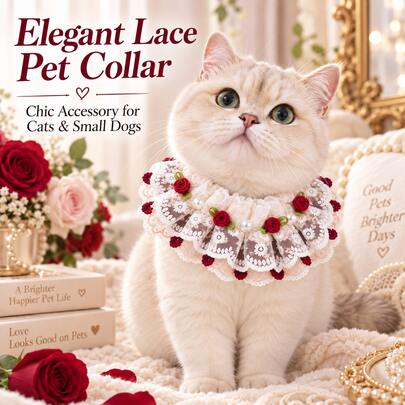 Vintage Lace Pet Collar With Burgundy Roses And Pearl Accents, Elegant Ruffle Neck Accessory With Ribbon Tie For Cats And Small Dogs, Aesthetic Pet Photo Prop And Party Outfit Decor