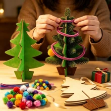 35PCS Christmas Tree Set, Wooden 3D Christmas Tree DIY Craft Kit, Natural Wood Blank Pieces, Holiday Hand-Painted Coloring Material Pack, Creative Decoration, Homemade Desktop Holiday Ornament, Christmas Decoration, Home Decor, Christmas Party DIY Handmade - Multicolor - View 5