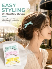 DIOR Macaron Bright Color Bow Hair Clip 3pcs Set, Glossy Texture Side Alligator Hair Clip, Sweet French Girl Style Bangs Clip, Versatile Candy Color Hair Decoration Hairpin - 3-piece Bow Hair Clip Set - View 7