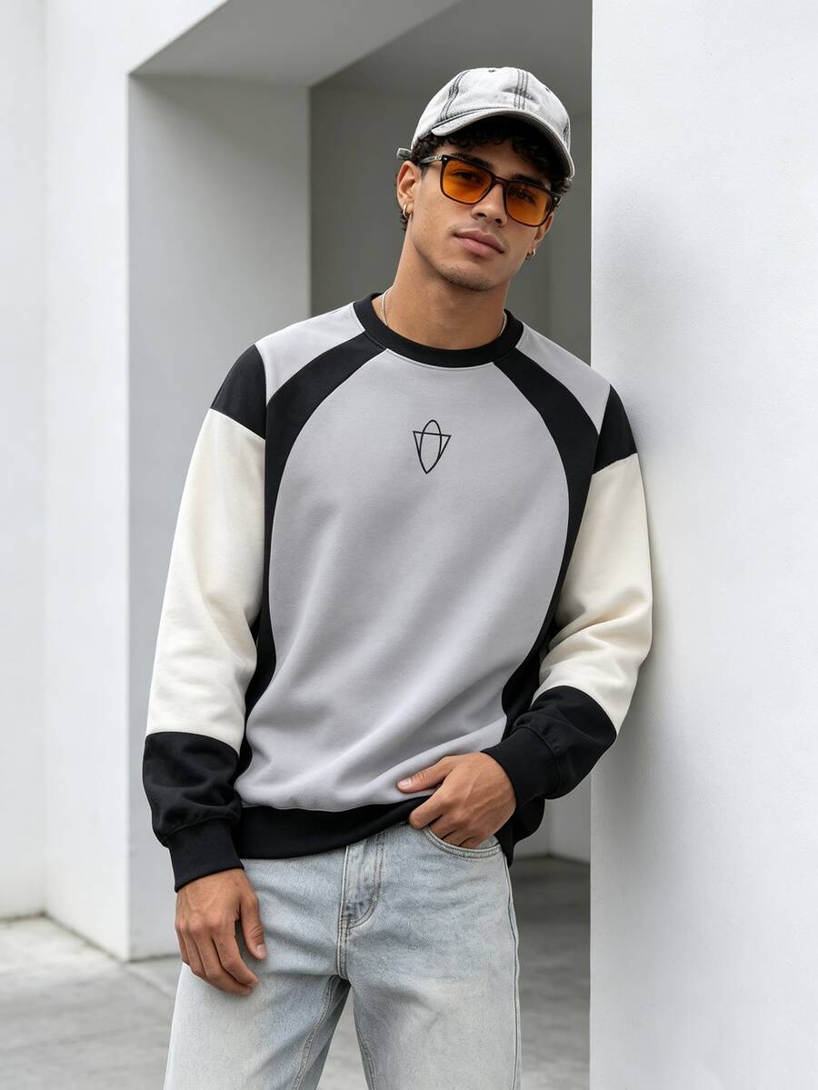 Men's Multi-Color Contrast Crew Neck Sweatshirt, Minimalist Geometric Line Graphic Print On Chest, Loose Fit Long Sleeve Pullover, Streetwear Casual Top, Bloke Core Style - Multicolor - View 1