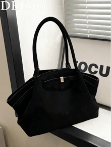 Dedoo 1pc FEISTURE Faux Suede Handbag, Large Capacity Solid Color Mature Elegant Ladies Tote Bag - Black - View 2
