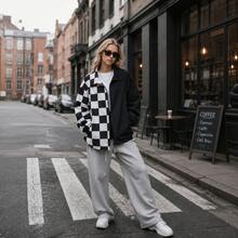 Women's Spring/Autumn Black & White Plaid Stand Collar Zip-Up Jacket, Asymmetric Patchwork Loose Casual Outerwear With Adjustable Drawstring Hem - Black - View 12