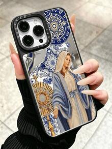 Vintage Art Mirror Phone Case Blue Porcelain Pattern Virgin Mary Portrait Print Protective Shell Lens Anti-Drop Multi-Model Compatible Mirror Protective Phone Case, Suitable For IPhone 13/11/17/17 Pro/16/14/15/15 Pro/15 Plus/15 Pro Max/X/Xs Max/Xr/11 Pro/12 Pro/13 Pro/14 Pro/11 Pro Max/12 Pro Max/13 Pro Max/14 Pro Max/14 Plus/17 Pro Max/17 Air, Spring Gift, Can Be Used As Makeup Mirror, Valentine's Day Gift For Girlfriend 18/18promax Christmas Gift - Multicolor - View 4
