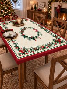 1pc Holly Cardinal Christmas Stretch Tablecloth, Cream Red Holiday Milk Silk Round & Square Fitted Table Cover With Berry Pinecone Wreath Border, Soft Elastic Protective Dining Table Decor For Xmas Dinner, Party & Winter Home - Multicolor - View 6