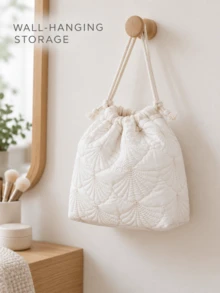 Quilted Drawstring Makeup Storage Bag, Shell Pattern Beauty Sponge And Powder Puff Organizer, Foldable Cosmetic Pouch For Hanging, Wall Mount, Vanity Table, Bedroom, Bathroom And Travel Use - Multicolor - View 6