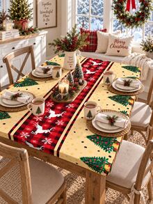 1 buah Taplak Meja Elastis Motif Pohon Natal dan Rusa, Taplak Meja Bundar & Persegi Motif Kotak-kotak Merah Krem dari Sutra Susu dengan Garis Tengah Motif Kepingan Salju, Dekorasi Meja Makan Pelindung Elastis Lembut untuk Makan Malam Natal, Pesta & Rumah Musim Dingin - MultiWarna - View 7