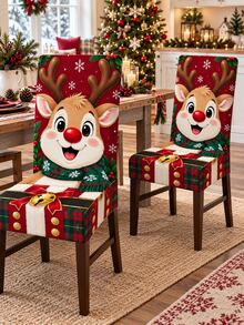 Multi-Piece Christmas Chair Cover Set, Cute Red-Nosed Reindeer Snowflake Plaid Gift Box Print Chair Back And Seat All-In-One Protective Cover, Suitable For Winter Kitchen, Dining Room, Home Gathering And Christmas Party Decoration - Multicolor - View 6
