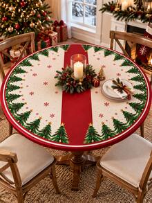 1PC Red Cream Christmas Tree Snowflake Stretch Tablecloth, Festive Holiday Style Polyester Spandex Round & Square Fitted Edge Table Cover, Elastic Snug Fit Protector For Christmas Dinner Party Kitchen Dining Room Winter Decor - Multicolor - View 1