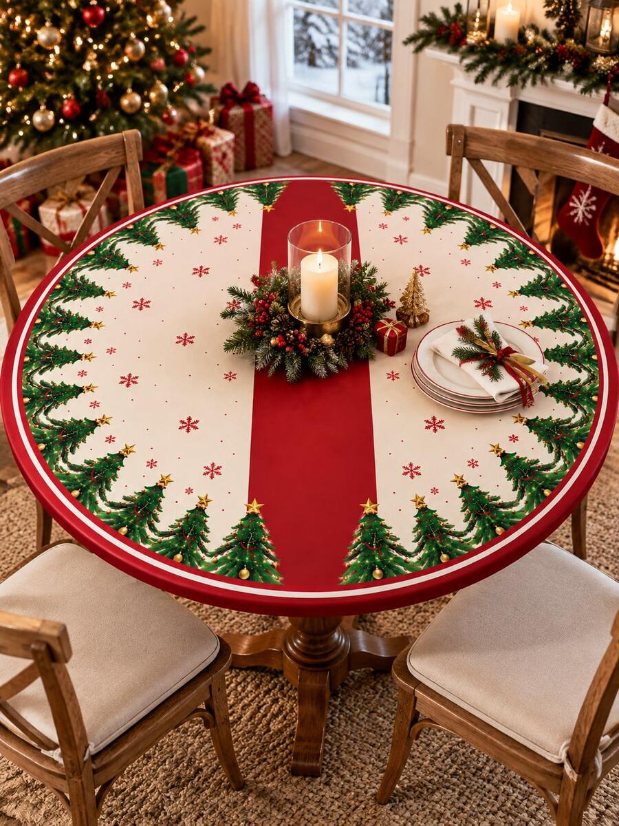 1PC Red Cream Christmas Tree Snowflake Stretch Tablecloth, Festive Holiday Style Polyester Spandex Round & Square Fitted Edge Table Cover, Elastic Snug Fit Protector For Christmas Dinner Party Kitchen Dining Room Winter Decor - Multicolor - View 1