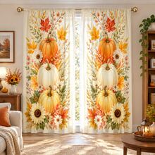 2pcs Autumn Harvest Pumpkin Maple Leaf Sunflower Pattern Printed Semi-Sheer Curtains, 90GSM Polyester Fiber Semi-Sheer Privacy Protection, Easy Installation, Quick Dry, Washable And Fade-Resistant, Lightweight Removable Curtains, Suitable For Home, Room, Kitchen And Other Partitions Or Decoration - Multicolor - View 8