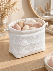 Quilted Drawstring Makeup Storage Bag, Shell Pattern Beauty Sponge And Powder Puff Organizer, Foldable Cosmetic Pouch For Hanging, Wall Mount, Vanity Table, Bedroom, Bathroom And Travel Use - Multicolor - View 3