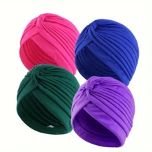 ZTZI 4Pcs Knotted Turban Headwrap For Women, Soft Stretchy Pleated Beanie Cap, Hair Loss Hat For Chemo, Muslim Hijab Solid Color Bohemian Polyester Bonnet For Daily Wear All Seasons - KK 4-piece Turban Cap Set - View 14