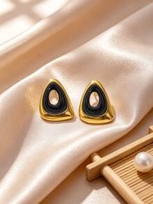 Asymmetrical Hollow Triangle Enamel Stud Earrings, Stainless Steel Textured Geometric Exaggerated Women's Ear Jewelry, Hypoallergenic Fade-Resistant, Fashionable Versatile, Suitable For Various Occasions - Multicolor - View 3