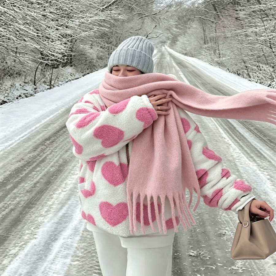 2026 Autumn/Winter Solid Color Women's Winter Shawl, Size 200x40, Tassel Scarf, National Day Scarf, Headscarf, Heavy, Winter, Women's Shawl - Pink - View 1