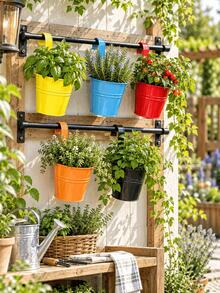 1/5/10pcs Colorful Hanging Iron Flower Pots, Railing Hook Planters, Iron Hanging Planting Pots, Suitable For Balcony Garden Yard Fence Hedge Decoration, Outdoor Home Gardening Landscape Decor, Garden Backdrop Photography Props - A - View 7