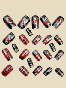 24 Pieces Red And Black Checkered Gold-Studded Christmas Holiday Acrylic Nails, Medium-Long Rectangular Style - Black - View 2